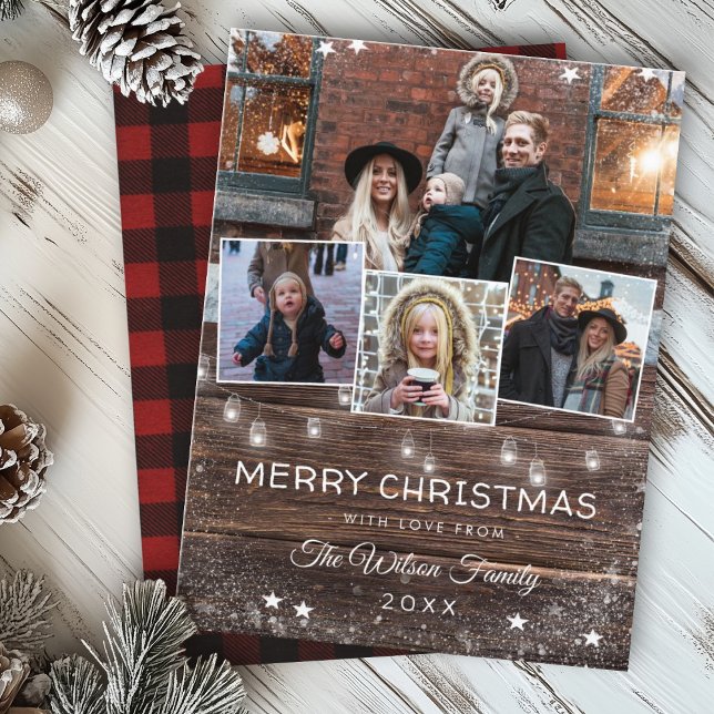 Cartão Postal De Convite Feriado de Natal da Rustic String Lights Snow (Criador carregado)