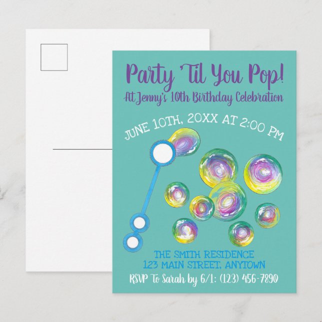 Cartão Postal De Convite Festa Até Estourar Varinha de Bolhas Aniversário B (Frente/Verso)