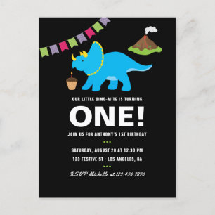 Cartão Postal De Convite Festa de 1º aniversário com tema de dinossauro pre