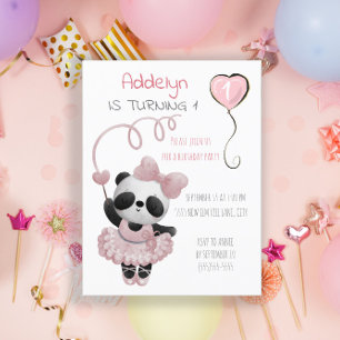 Cartão Postal De Convite Festa de 1º Aniversário da Menina Ursinho Panda Ba
