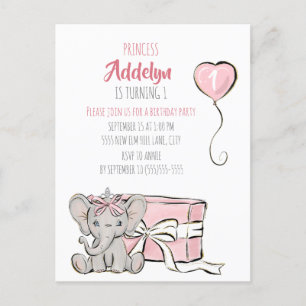 Cartão Postal De Convite Festa de 1º Aniversário da Princesa Rosa Elefante