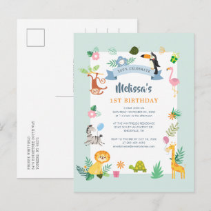 Cartão Postal De Convite Festa de 1º Aniversário Tema Animais da Selva Wild