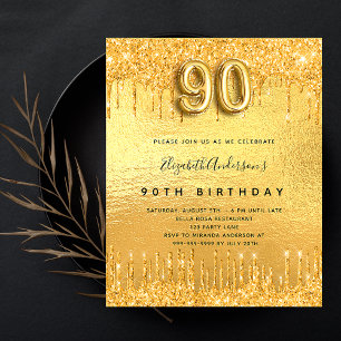 Cartão Postal De Convite Festa de 90 anos brilho dourado gotejando