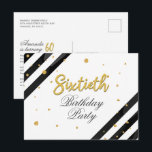 Cartão Postal De Convite Festa de aniversário 60ª Script Moderna<br><div class="desc">Modern Surprise 60th Birthday Script Geométrico Dourado Invitation com faixas pretas e pontos brilhantes de folhas de ouro com tipografia de script que você pode editar facilmente. Para mais personalização,  clique no botão "Personalizar" e use nossa ferramenta de design para modificar este modelo.</div>