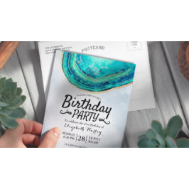 Cartão Postal De Convite Festa de aniversário Aquarela Teal e Garrafa Doura