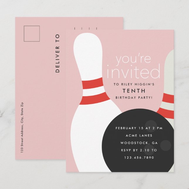 Cartão Postal De Convite Festa de aniversário boliche (Frente/Verso)