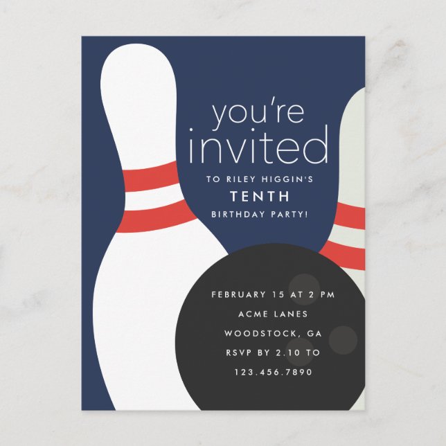 Cartão Postal De Convite Festa de aniversário boliche (Frente)