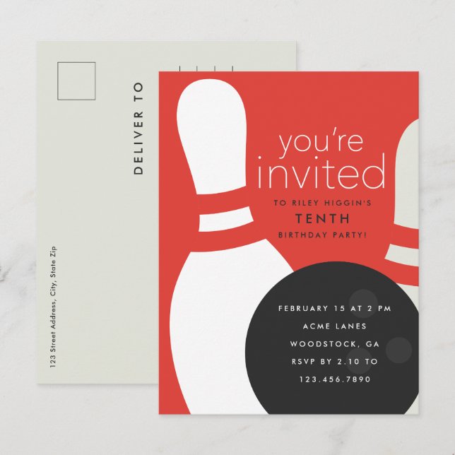 Cartão Postal De Convite Festa de aniversário boliche (Frente/Verso)