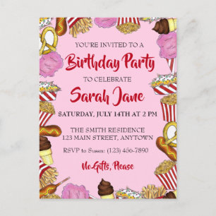 Cartão Postal De Convite Festa de Aniversário com Comidas da Feira do Estad