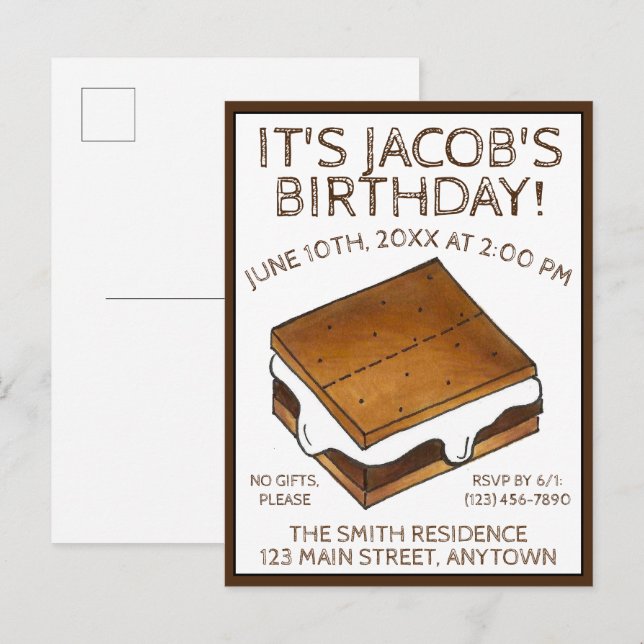 Cartão Postal De Convite Festa de Aniversário com S'mores de Marshmallow na (Frente/Verso)