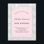 Cartão Postal De Convite Festa de aniversário cor-de-rosa pincelado pratead<br><div class="desc">Imagem metálica prateada escura e fundo cor-de-rosa esbranquiçado decorado com pó cintilante prateado sujo. Personalize e adicione um nome e detalhes da parte. Escrito preto, elegante. Dica: Se você não quiser que pareça um cartão postal, clique em personalizar, vá para o verso e remova o divisor e o carimbo de...</div>
