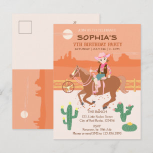 Cartão Postal De Convite Festa de Aniversário da Lindeza Cowgirl e cavalo