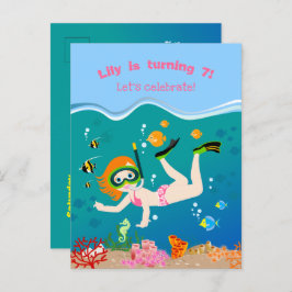 Cartão Postal De Convite Festa de aniversário da menina de snorkeling com p