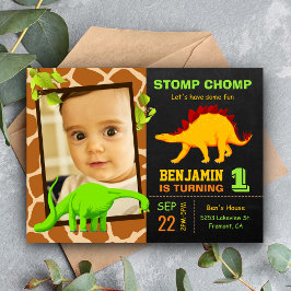 Cartão Postal De Convite Festa de Aniversário de 1º Foto de Dinossauro Fofo