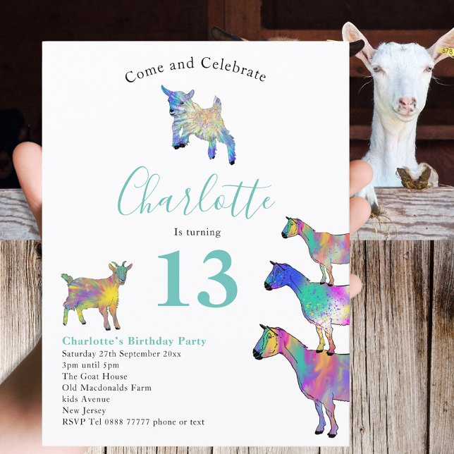 Cartão Postal De Convite Festa de aniversário de 13 de Goat Themed (Cute farm goat themed 13th birthday party invitation with colorful watercolor animal art)