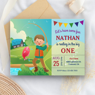 Cartão Postal De Convite Festa de Aniversário de 1 Ano com Tema de Pesca Th