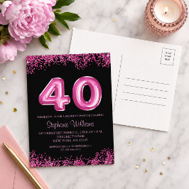Cartão Postal De Convite Festa de Aniversário de 40 anos Black Pink com Bri