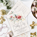Cartão Postal De Convite Festa de aniversário de 40 anos das Flores de Aqua<br><div class="desc">As flores brancas e vermelhas das aquarelas de inverno estão aninhadas em folhas e folhagem verdes de sábado macio. Flocos de neve Dourados adicionam um toque festivo. Uma escrita elegante, simples e moderna dá-lhe uma vibração aberta e arejada. Há também um boquete floral de inverno no verso, seu endereço de...</div>
