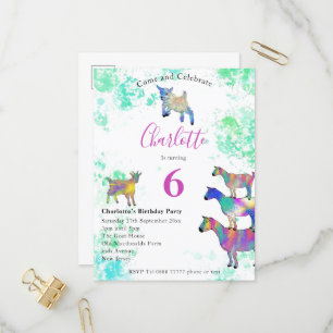 Cartão Postal De Convite Festa de aniversário de 6 anos de cabras fofas