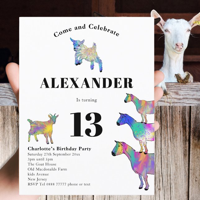 Cartão Postal De Convite Festa de aniversário de carne de caprino (Cute goats colorful animal art 13th birthday party budget invitation postcard)