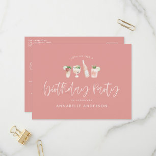 Cartão Postal De Convite Festa de aniversário de coquetel moderno rosa-meni