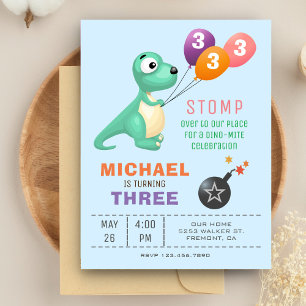 Cartão Postal De Convite Festa de Aniversário de Dinossauro Fofo com Balões