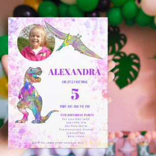 Cartão Postal De Convite Festa de Aniversário de Dinossauro para Meninas Fo