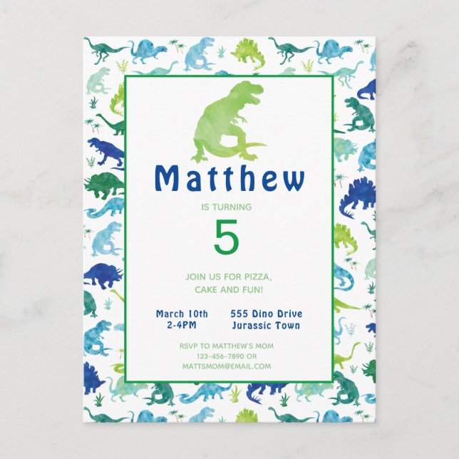 Cartão Postal De Convite Festa de aniversário de dinossauro T-Rex Kids Conv (Frente)