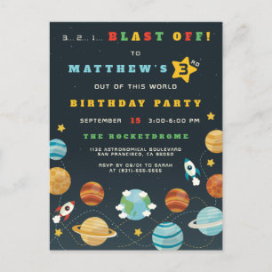 Cartão Postal De Convite Festa de aniversário de foguetes e planetas do esp