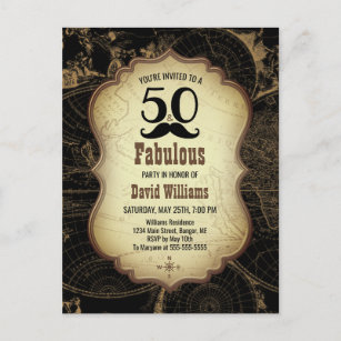 Cartão Postal De Convite festa de aniversário de mapa de 50 bigodes fabulos