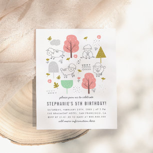 Cartão Postal De Convite Festa de Aniversário de Menina Moderna Ovelha Fofa