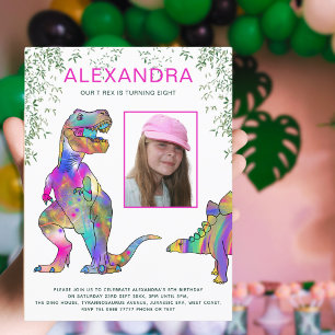 Cartão Postal De Convite Festa de Aniversário de Meninas Tema Dinossauro Ro