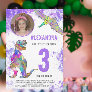 Cartão Postal De Convite Festa de Aniversário de Meninas Tema Dinossauros 3