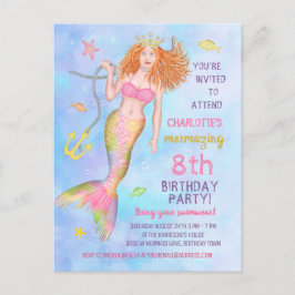 Cartão Postal De Convite Festa de aniversário de Sereia sob a Ruiva Sea Bea
