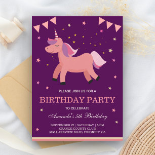 Cartão Postal De Convite Festa de Aniversário de Unicórnio Mágico Rosa Salm