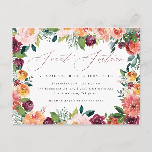 Cartão Postal De Convite Festa de aniversário Dourada 16 com Rosa manuscrit (Frente)