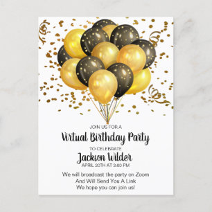 Cartão Postal De Convite Festa de aniversário Dourada e preta