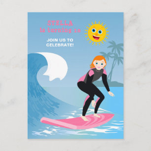 Cartão Postal De Convite Festa de Aniversário Feminina de Surf