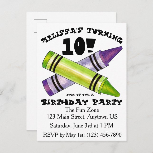 Cartão Postal De Convite Festa de Aniversário Infantil Artista de Cera Roxo (Frente/Verso)