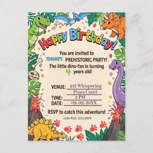 Cartão Postal De Convite Festa de Aniversário Infantil com Dinossauros Pré-