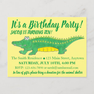 Cartão Postal De Convite Festa de Aniversário Jacaré Crocodilo Amarelo Verd