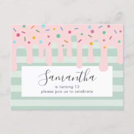 Cartão Postal De Convite Festa de Aniversário Pink Drip Sprinkle Fofa