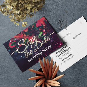 Cartão Postal De Convite Festa de aniversário Salvar A Data Flores Luzes Ro