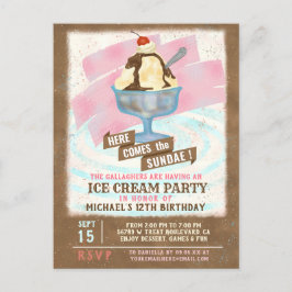 Cartão Postal De Convite Festa de aniversário sorvete | Aqui vem o Sundae