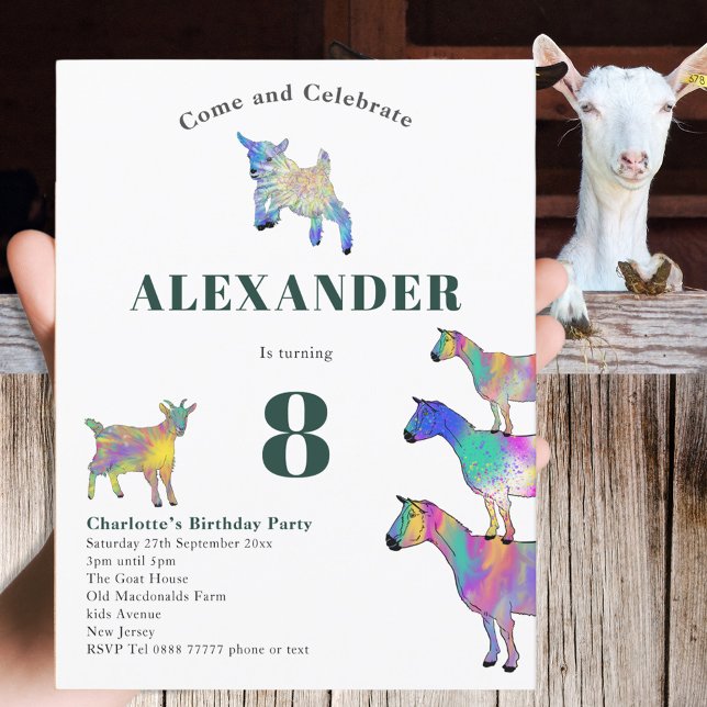 Cartão Postal De Convite Festa de aniversário Verde De Cabra (Cute goats colorful farm animal art 8th birthday party budget invitation postcard )