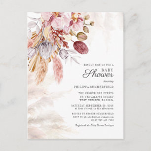 Cartão Postal De Convite Festa de Bebê Menina Flores Secas Boho Capim das P