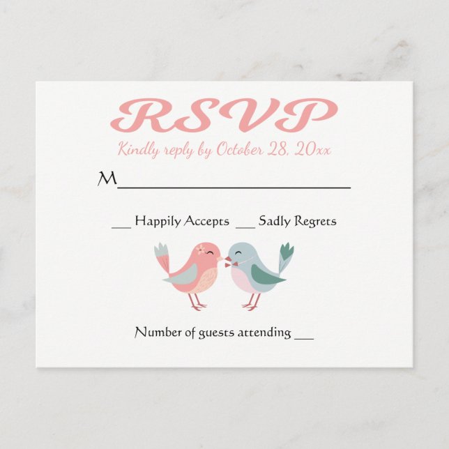 Cartão Postal De Convite Festa de casamento RSVP Pink & Blue Lovebird (Frente)