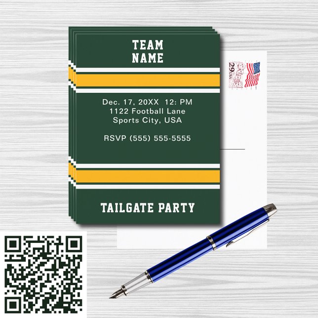 Cartão Postal De Convite Festa de Cauda da Equipe de Futebol Verde e Dourad (Green & Gold Football Team Tailgate Party Invitation Postcard)
