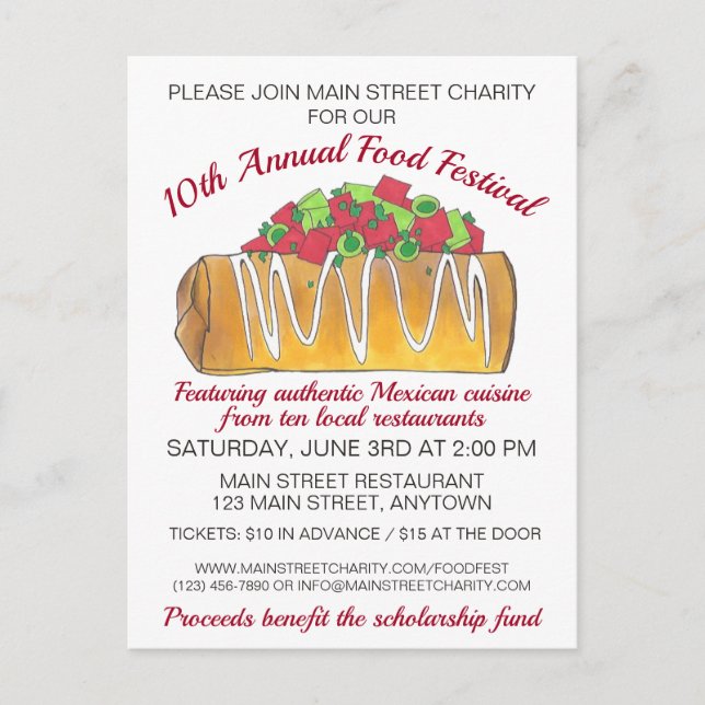 Cartão Postal De Convite Festa de Comida de ex-texto mexicano Chimichanga (Frente)