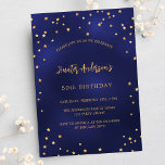 Cartão Postal De Convite Festa de estrelas de ouro azul-marinho de aniversá<br><div class="desc">Uma convite de aniversário para ele e para ela. Um fundo preto decorado com estrelas douradas falsas. Personalize e adicione um nome e detalhes da parte. Texto colorido do ouro.</div>